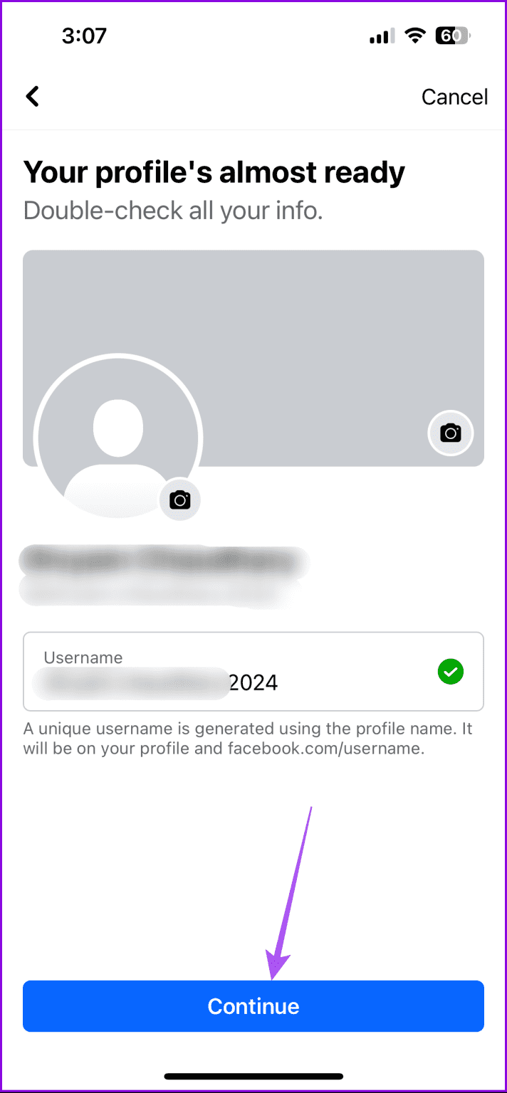 confirm-username-create-profile-facebook-app-mobile-712x1536-1 كيفية إنشاء ملفات تعريف متعددة على Facebook
