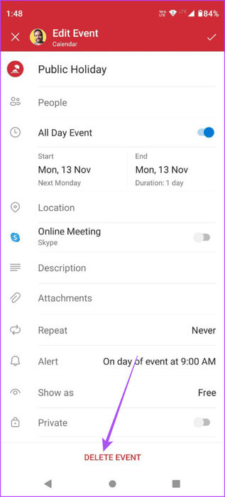 delete-event-from-outlook-calendar-mobile-463x1024-1 كيفية إضافة وإزالة العطل في تقويم Outlook على الهاتف المحمول وسطح المكتب