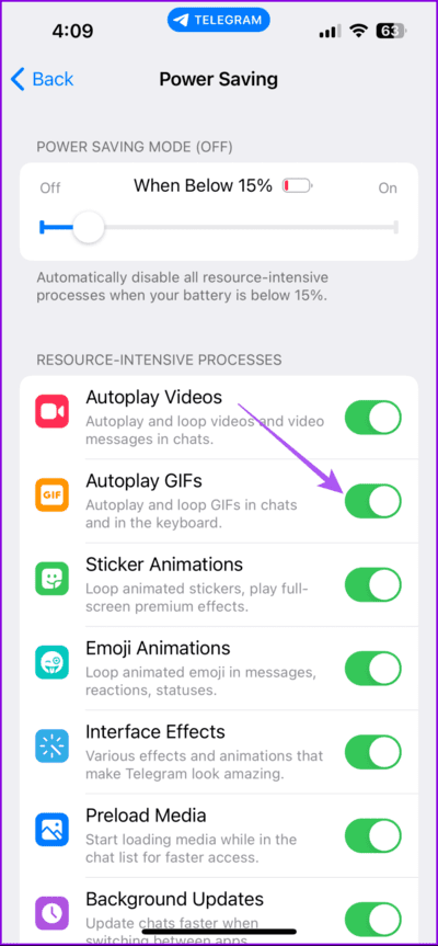 disable-power-saving-mode-for-GIFs-telegram-712x1536-1 أفضل 8 إصلاحات لعدم عمل ملفات GIF في Telegram على الهاتف المحمول وسطح المكتب