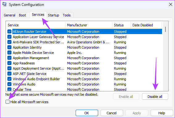 disable-services أفضل 6 إصلاحات لاستمرار الماوس في النقر من تلقاء نفسه على Windows 11