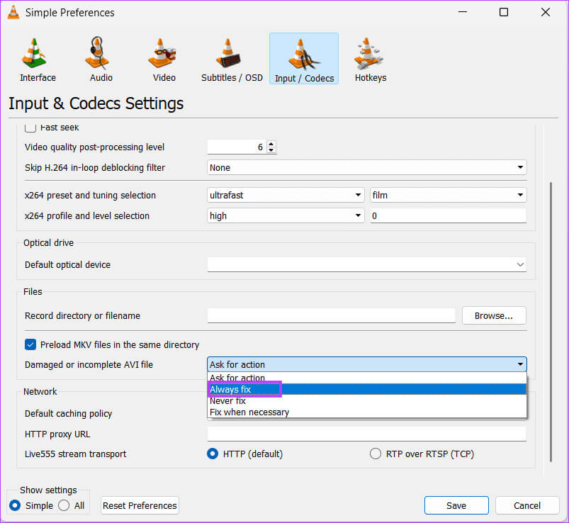 fix-Damaged-or-incomplete-AVI-file-in-vlc أفضل 7 إصلاحات لعدم تشغيل VLC لملفات MKV في Windows 11