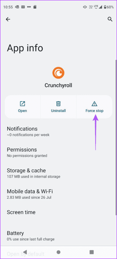 force-stop-crunchyroll-app-android أفضل 7 إصلاحات لعدم عمل الترجمة على Crunchyroll على الهاتف المحمول وسطح المكتب وApple TV
