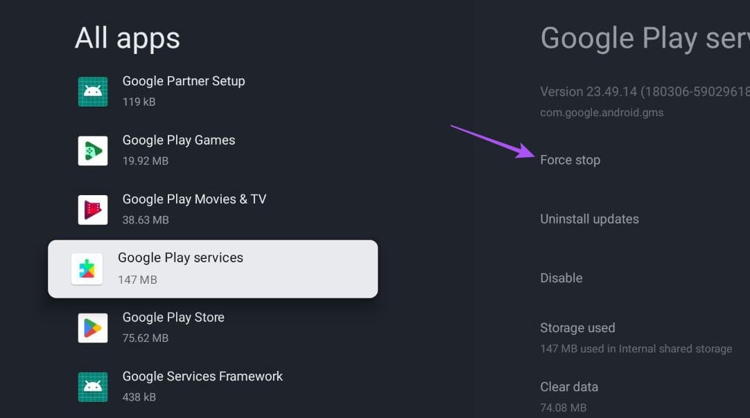 force-stop-google-play-services-google-tv أفضل 7 إصلاحات لعدم تنزيل التطبيقات على Chromecast (Google TV)