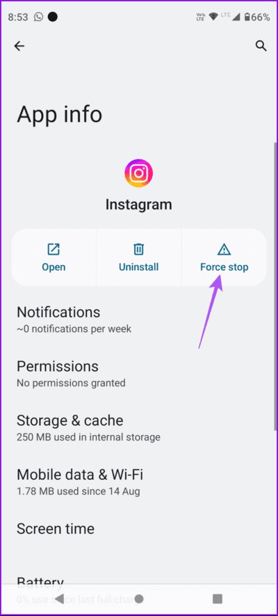force-stop-instagram-android-694x1536-1 أفضل 7 إصلاحات للتسميات التوضيحية المغلقة أو عدم عمل الترجمات المصاحبة على Instagram Reels