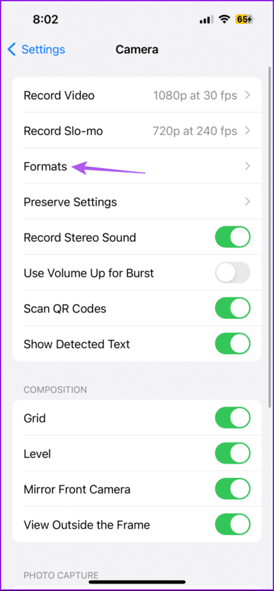 formats-camera-settings-iphone-712x1536-1 أفضل 6 إصلاحات لخطأ "سنحاول مرة أخرى عندما يكون هناك اتصال أفضل" على Instagram