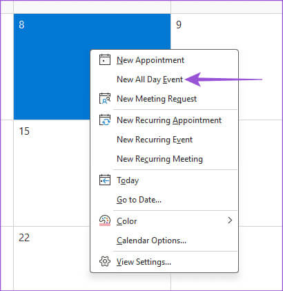 new-all-day-even-calendar-outlook-windows-11 كيفية إضافة وإزالة العطل في تقويم Outlook على الهاتف المحمول وسطح المكتب