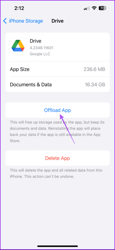offload-app-google-drive-iphone-712x1536-1 أفضل 6 إصلاحات لعدم عمل إشعارات Google Drive على الهاتف المحمول وسطح المكتب