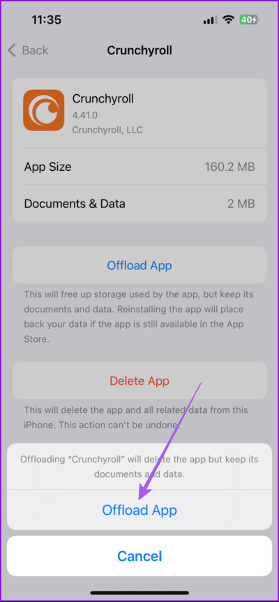 offload-crunchyroll-on-iphone-712x1536-1 أفضل 7 حلول لعدم إمكانية تسجيل الدخول إلى Crunchyroll