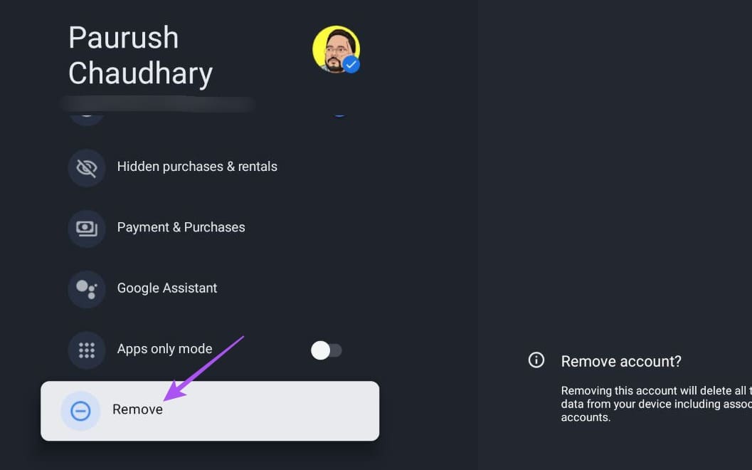 remove-account-settings-google-tv-1 أفضل 7 إصلاحات لعدم تنزيل التطبيقات على Chromecast (Google TV)