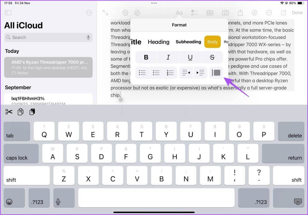 remove-block-quote-notes-app-ipad-1024x715-1 كيفية استخدام علامات الاقتباس المحظورة في تطبيق Notes على iPhone وiPad وMac
