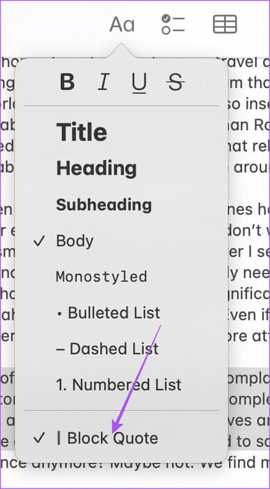 remove-block-quote-notes-app-mac كيفية استخدام علامات الاقتباس المحظورة في تطبيق Notes على iPhone وiPad وMac