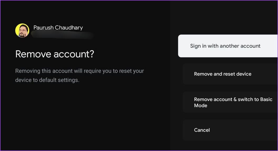 remove-google-account-from-google-tv أفضل 7 إصلاحات لعدم تنزيل التطبيقات على Chromecast (Google TV)