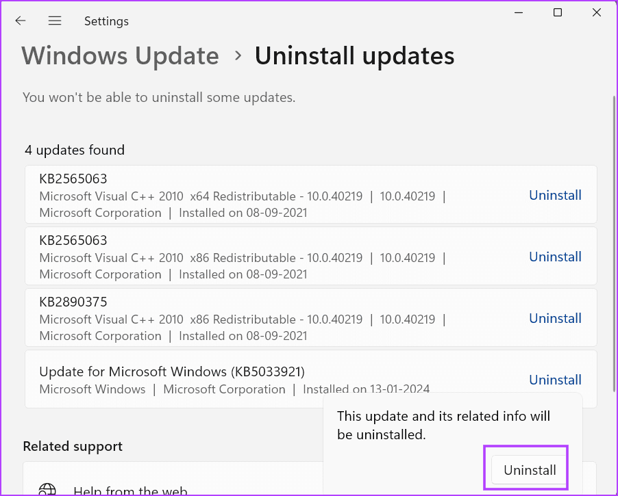 remove-update-3 أفضل 8 إصلاحات لخطأ شاشة الموت الزرقاء "APC Index Mismatch" في Windows 10 أو 11