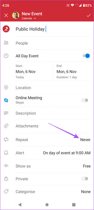 repeat-event-outlook-app-mobile-461x1024-1 كيفية إضافة وإزالة العطل في تقويم Outlook على الهاتف المحمول وسطح المكتب