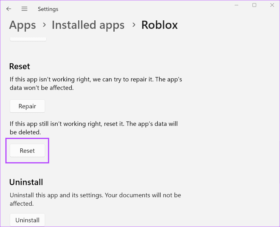 reset-roblox-2 أفضل 8 طرق لإصلاح رمز خطأ Roblox 901 في Windows 11