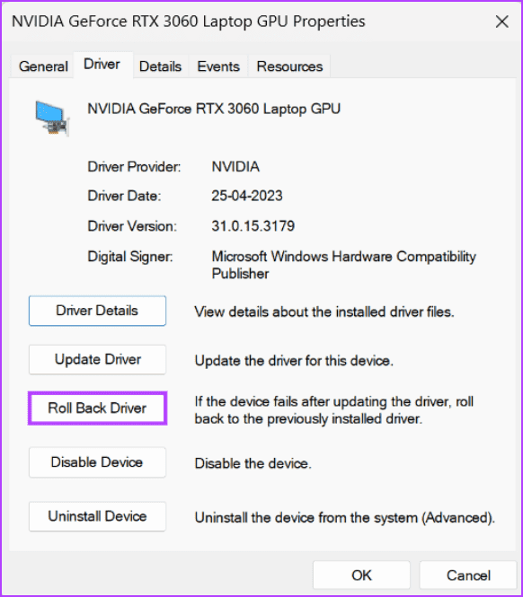 rollback-driver-2 أفضل 8 إصلاحات لخطأ "برنامج تشغيل جهاز الرسومات" في Windows 11