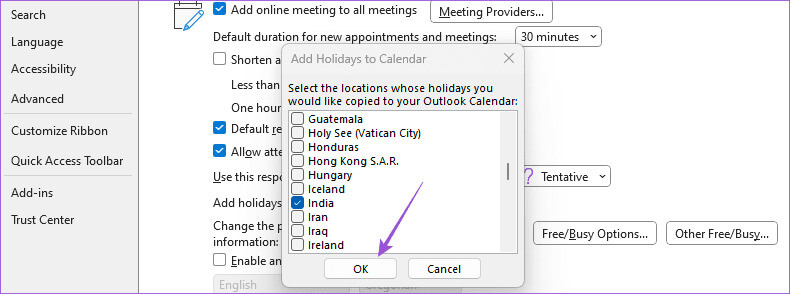 select-country-calendar-outlook-windows-11 كيفية إضافة وإزالة العطل في تقويم Outlook على الهاتف المحمول وسطح المكتب