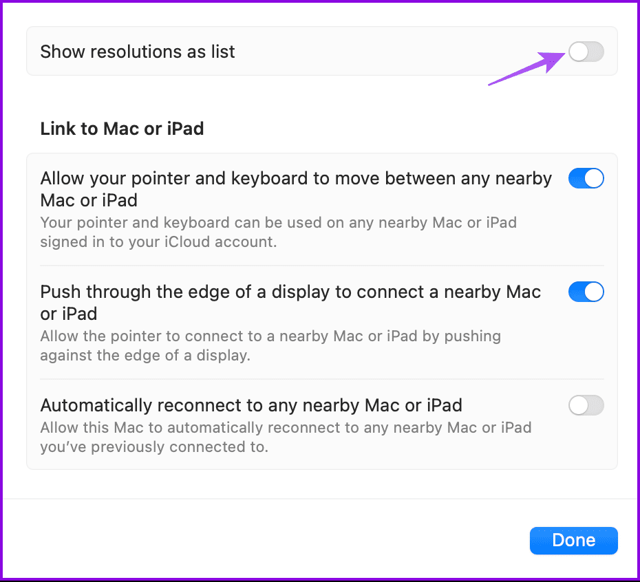 show-resolutions-as-list-display-settings-mac كيفية توصيل جهاز MacBook بالتلفزيون – سلكيًا ولاسلكيًا