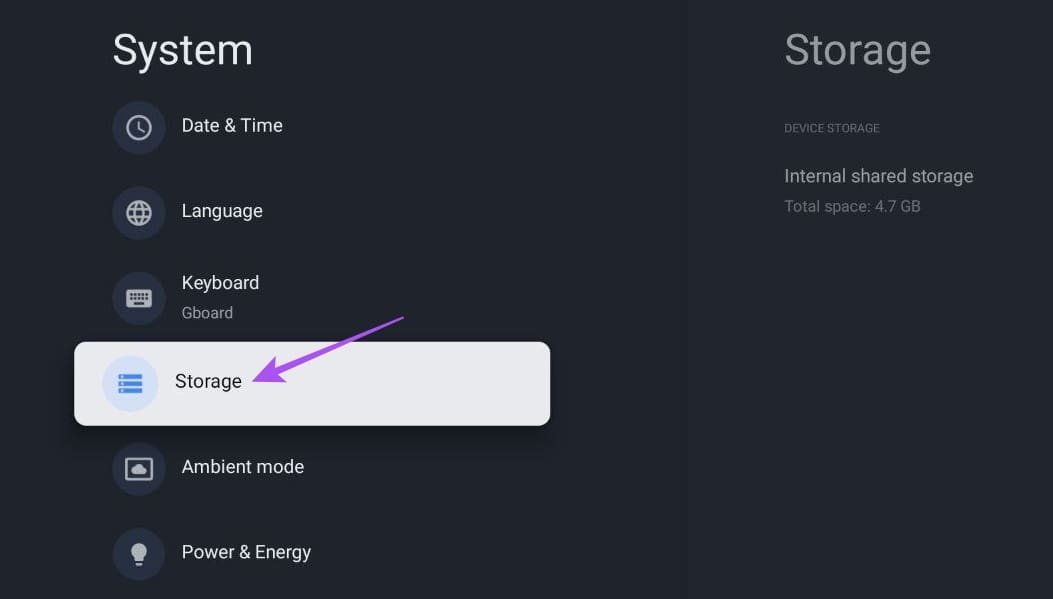 storage-system-settings-google-tv أفضل 7 إصلاحات لعدم تنزيل التطبيقات على Chromecast (Google TV)
