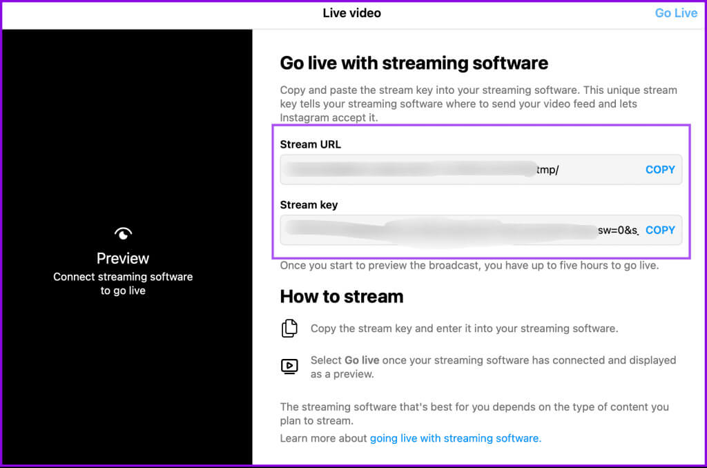 stream-key-and-stream-URL-instagram-live-video-on-web-1024x678-1 كيفية البث المباشر على Instagram على الهاتف المحمول وسطح المكتب
