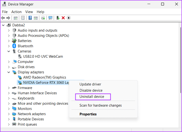uninstall-GPU-device أفضل 8 إصلاحات لخطأ "برنامج تشغيل جهاز الرسومات" في Windows 11