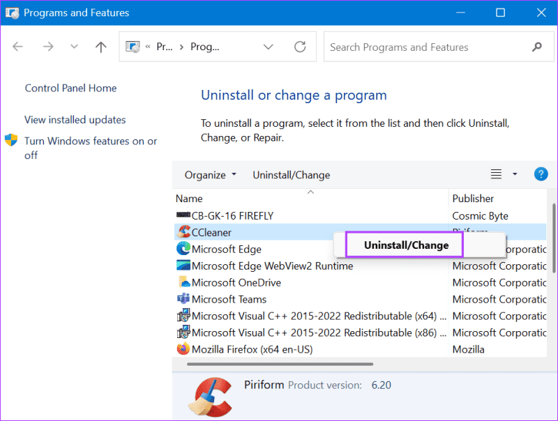 uninstall-ccleaner أفضل 7 طرق لإصلاح عدم عمل CCleaner في Windows 11