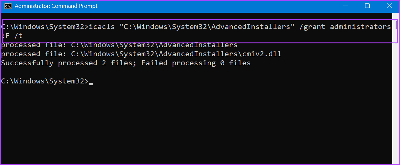 use-cmd-to-change-ownership-3 أفضل 7 إصلاحات لخطأ "فشل تعداد الكائنات في الحاوية" على Windows