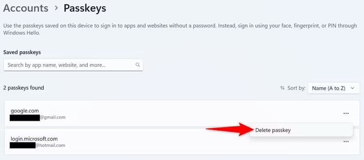 13-delete-passkey-windows-11 كيفية إنشاء واستخدام وإدارة Passkeys على Windows 11
