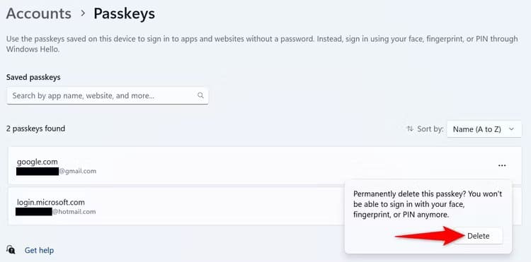 14-passkey-deletion-prompt-windows-11 كيفية إنشاء واستخدام وإدارة Passkeys على Windows 11