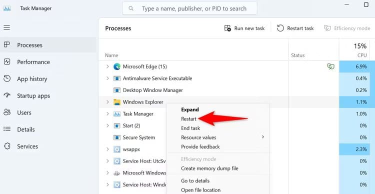 2-restart-windows-explorer كيفية إصلاح خطأ "الموقع غير متوفر" على Windows 11 أو 10