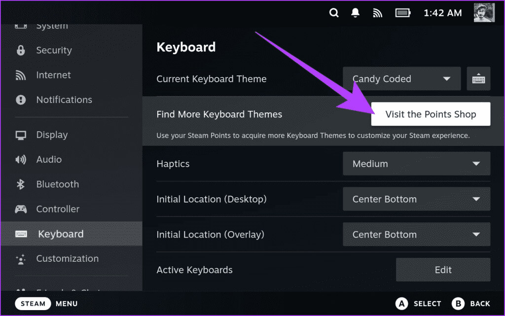 2.1-There-should-be-an-option-labeled-Find-More-Keyboard-Themes.-Tap-on-the-Visit-the-Points-Shop-button-next-to-it-1024x641-1 كيفية تغيير سمة لوحة المفاتيح على Steam Deck