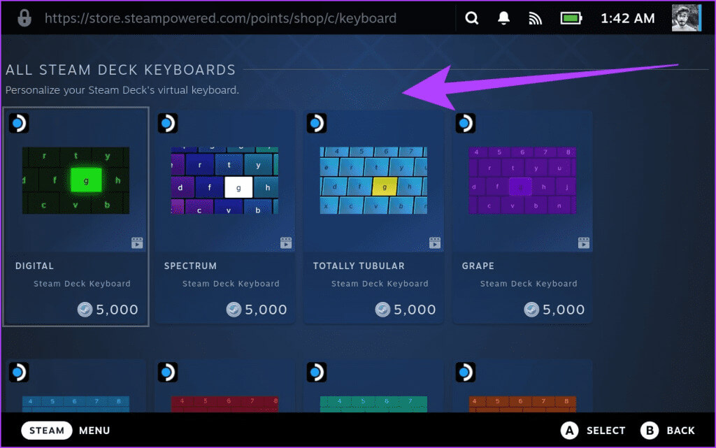 2.2-This-should-now-take-you-to-the-Steam-Store.-Here-youll-find-a-selection-of-themes-purchasable-with-your-Steam-Points.-Simply-tap-on-the-keyboard-of-your-choice-to-purchase-it-1024x641-1 كيفية تغيير سمة لوحة المفاتيح على Steam Deck