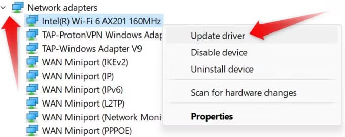 3-updating-a-network-adapter-driver-in-the-device-manager-on-windows متصل بشبكة Wi-Fi ولكن لا يمكنك الوصول إلى الإنترنت؟ 10 نصائح لإصلاحها على Windows 11