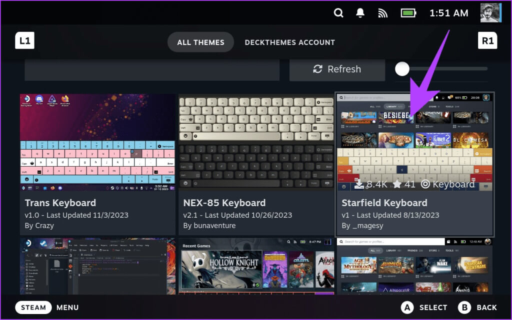 3.5-The-downloads-page-should-now-refresh-to-highlight-only-keyboard-themes.-Select-the-theme-you-wish-to-download-1024x641-1 كيفية تغيير سمة لوحة المفاتيح على Steam Deck