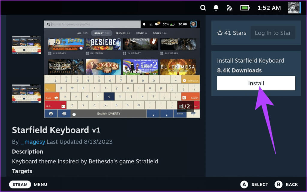 3.6-inside-the-themes-page-tap-on-Install-1024x641-1 كيفية تغيير سمة لوحة المفاتيح على Steam Deck
