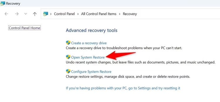 5-launch-system-restore كيفية إصلاح خطأ "الموقع غير متوفر" على Windows 11 أو 10