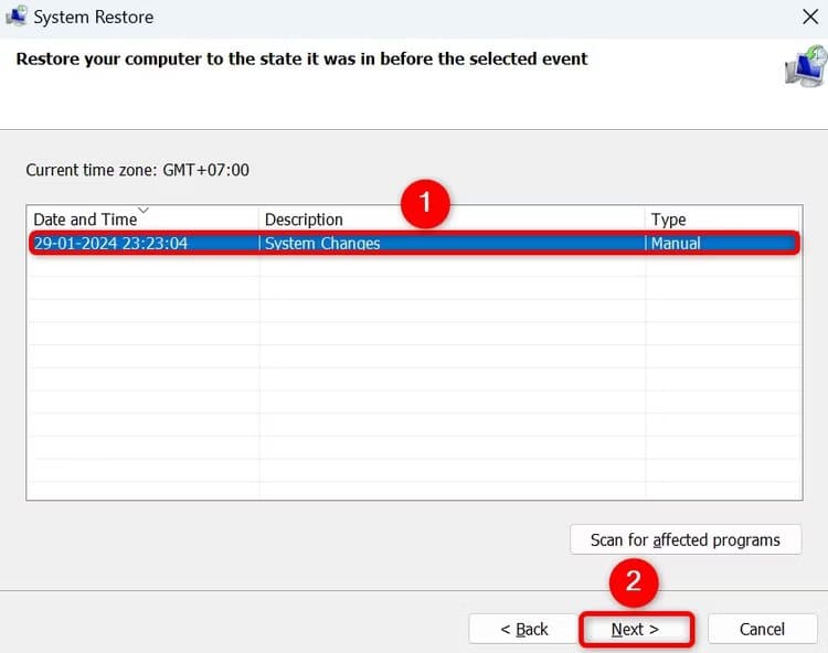 6-choose-restore-point كيفية إصلاح خطأ "الموقع غير متوفر" على Windows 11 أو 10