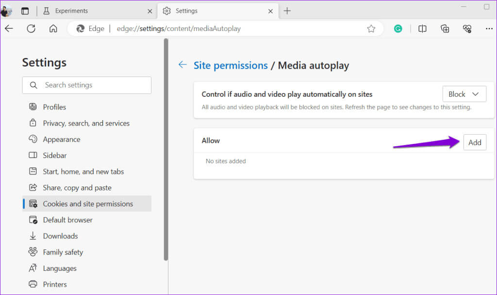 Add-Exceptions-to-Allow-Sites-to-Autoplay-in-Edge-1024x609-1 كيفية تعطيل التشغيل التلقائي للصوت والفيديو في Microsoft Edge