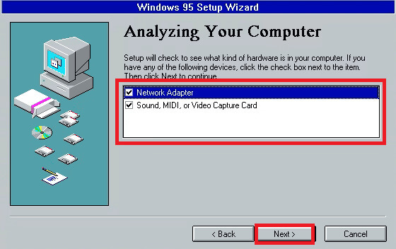 Check-the-box-for-Network-Adapter-and-Sound-MIDI-or-Video-Capture-Card-and-then-click-on-Next كيفية تثبيت Windows 95 في Virtual Machine