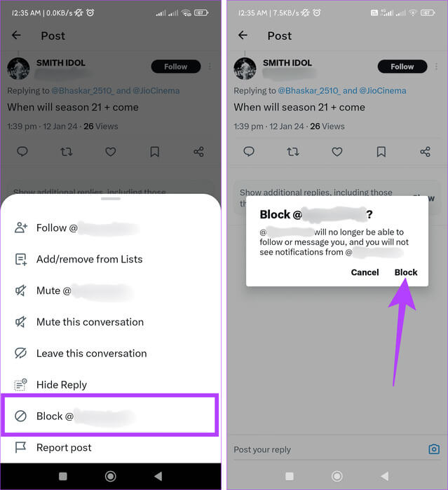 Choose-Block-username-and-confirm-by-selecting-Block كيفية حظر الردود والإشارات غير المرغوب فيها على X