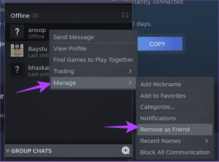 Choose-Manage-and-then-choose-Remove-as-Friend كيفية إضافة أصدقاء على Steam دون الدفع