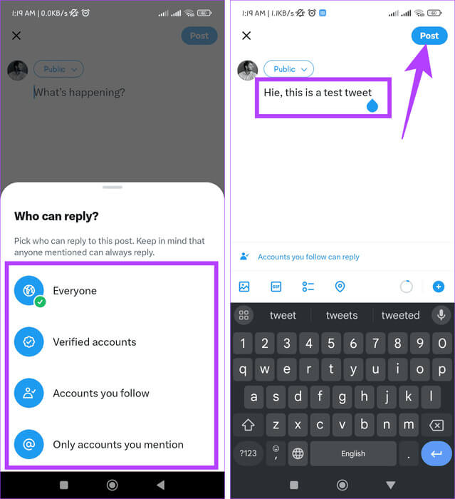 Choose-Who-can-reply-write-a-tweet-and-hit-Post كيفية حظر الردود والإشارات غير المرغوب فيها على X