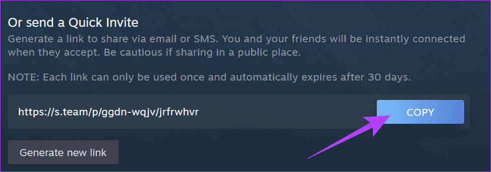 Click-Copy-next-to-the-link كيفية إضافة أصدقاء على Steam دون الدفع