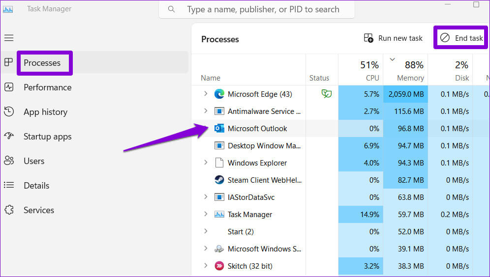 Close-Outlook-Using-Task-Manager أفضل 6 إصلاحات لوظيفة Outlook الإضافية المفقودة أو التي لا تعمل على Windows