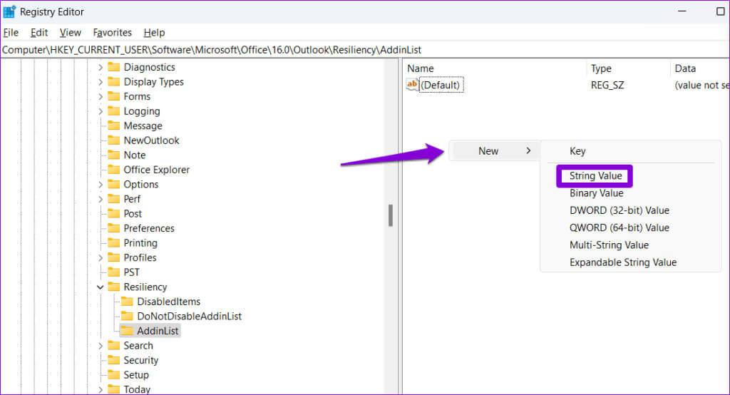 Create-String-Value-in-Registry-Editor-1024x554-1 أفضل 6 إصلاحات لوظيفة Outlook الإضافية المفقودة أو التي لا تعمل على Windows