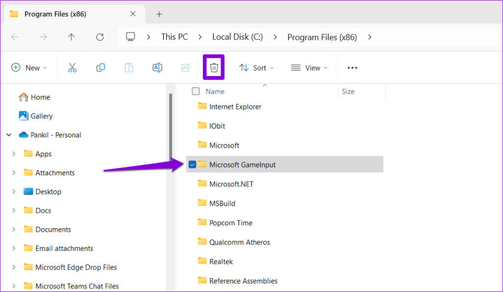 Delete-GameInput-Folder-on-Windows-1024x595-1 5 طرق لإيقاف خدمة Microsoft GameInput من تعطل جهاز الكمبيوتر الذي يعمل بنظام Windows