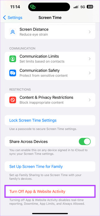Disable-App-Website-Activity 9 طرق لإصلاح عرض iPhone لوقت شاشة غير صحيح