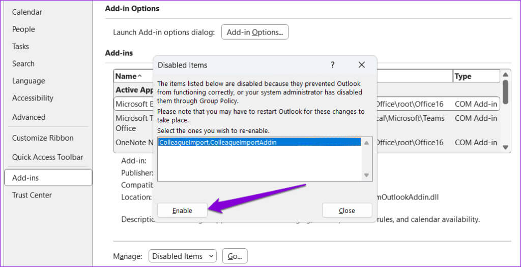 Enable-Outlook-Add-In-1024x526-1 أفضل 6 إصلاحات لوظيفة Outlook الإضافية المفقودة أو التي لا تعمل على Windows