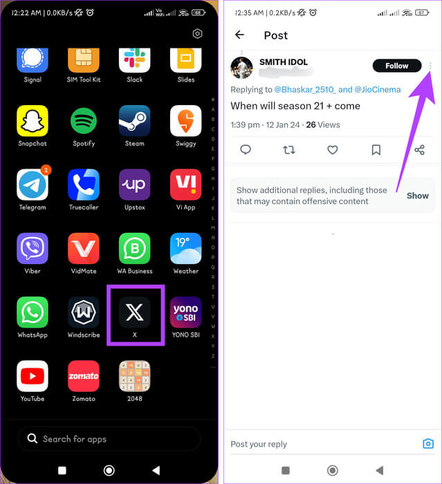 Head-to-X-locate-the-reply-from-a-spam-account-and-tap-the-three-dot-icon كيفية حظر الردود والإشارات غير المرغوب فيها على X