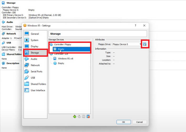 Now-go-the-Settings-once-again-select-Storage-and-then-click-on-Empty-under-Controller-Floppy.-Under-Attributes-click-on-the-Save-icon-next-to-Floppy-Drive-e1711229300612 كيفية تثبيت Windows 95 في Virtual Machine